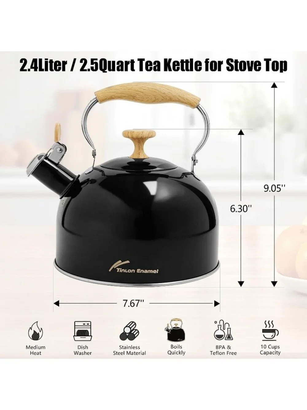 Black Stainless Steel Whistling Tea Kettle 2.4L Stovetop Induction Gas Handle